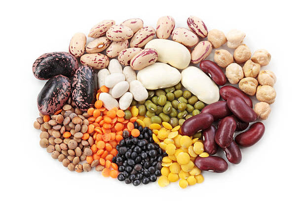 Group of beans and lentils isolated on white background